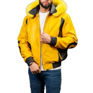 8 Ball 80’s Men’s Old School Yellow Fox Fur Hooded Genuine Leather Jacket