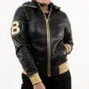 8 Ball David Puddy Women's Classic Black Bomber Hooded Genuine Leather Jacket