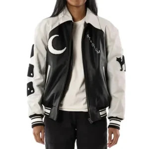 8 Ball Lucky Stadium Black and White Real Leather Jacket For Women's