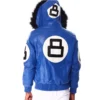 8 Ball Men's Blue Fur Hooded Bomber Full Grain Leather Jacket