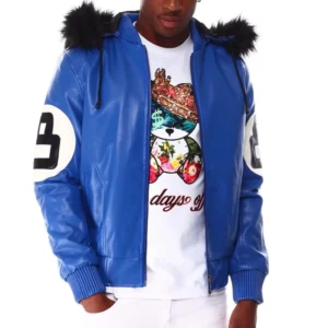8 Ball Mens Blue Fur Hooded Bomber Jacket