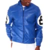 8 Ball Men's Blue Fur Hooded Bomber Leather Jacket