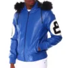 8 Ball Men's Blue Hooded Bomber Genuine Leather Jacket