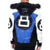8 Ball Men's Color Block Blue Faux Fur Hooded Bomber Leather Jacket