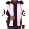 8 Ball Men's Color Block Light Pink Faux Fur Hooded Bomber Genuine Leather Jacket