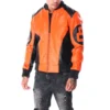 8 Ball Men's Orange Color Block Hooded Bomber Genuine Leather Jacket