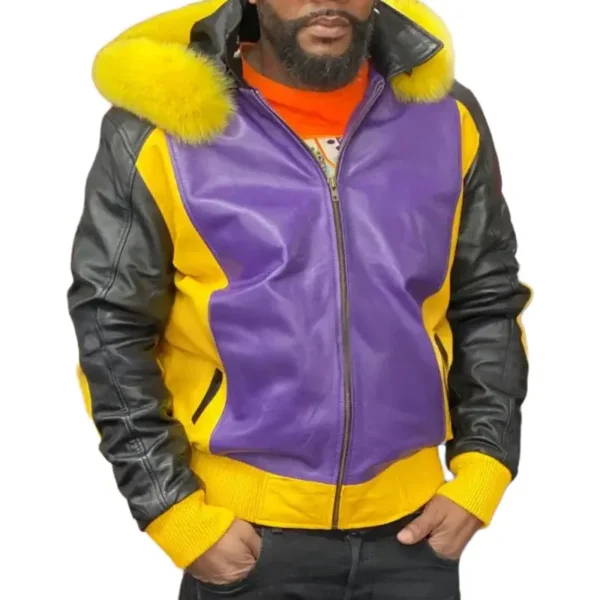 8 Ball Men's Purple Fox Fur Hood Purple Genuine Leather Jacket