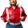 8 Ball Red Women's Fox Fur Trim Hood Genuine Leather Jacket