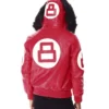 8 Ball Red and Black Fur Hooded Bomber Leather Jacket
