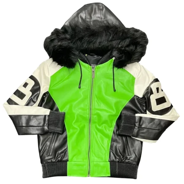 8 Ball Robert Phillipe Original Men's Lime Green Fur Hooded Genuine Leather Jacket