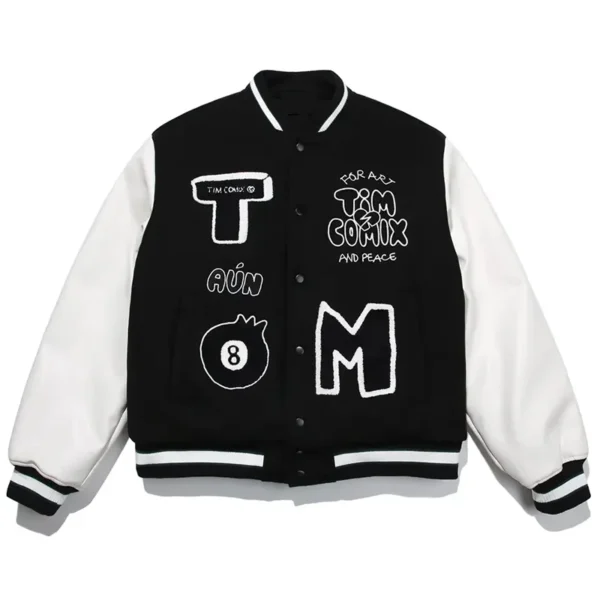 8 Ball Tim Comix Men's Black and White Varsity Genuine Leather Jacket