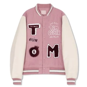 8 Ball Tim Comix Women's Baby Pink and White Varsity Genuine Leather Jacket