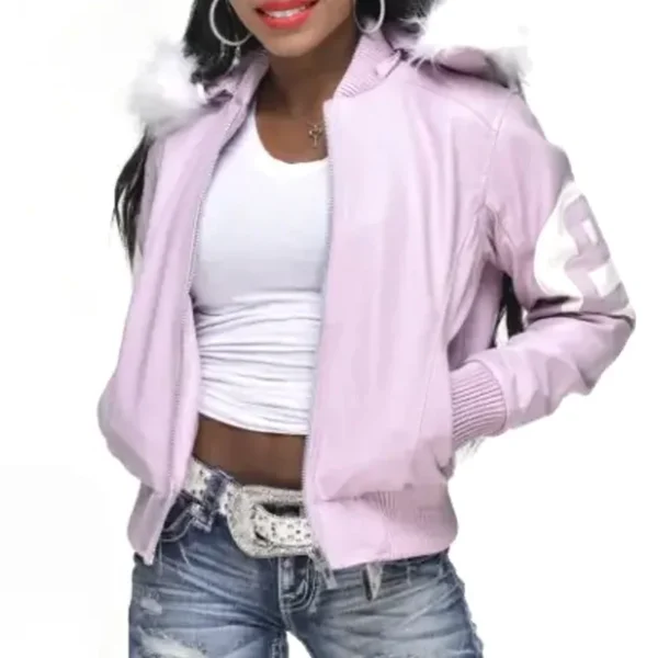 8 Ball Women's Vintage Baby Pink Bomber Fur Hooded Genuine Leather Jacket