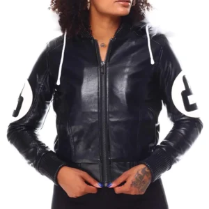 8 Ball Women's Vintage Black Bomber Fur Hooded Genuine Leather Jacket