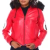 8 Ball Women's Vintage Red Bomber Fur Hooded Genuine Leather Jacket