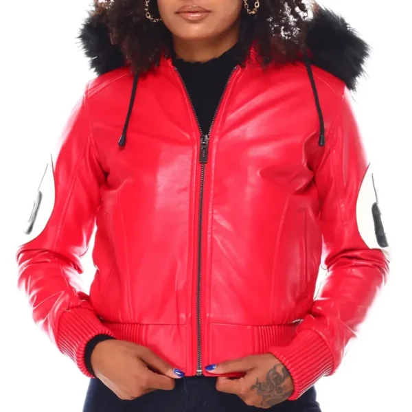 8 Ball Women's Vintage Red Bomber Fur Hooded Genuine Leather Jacket