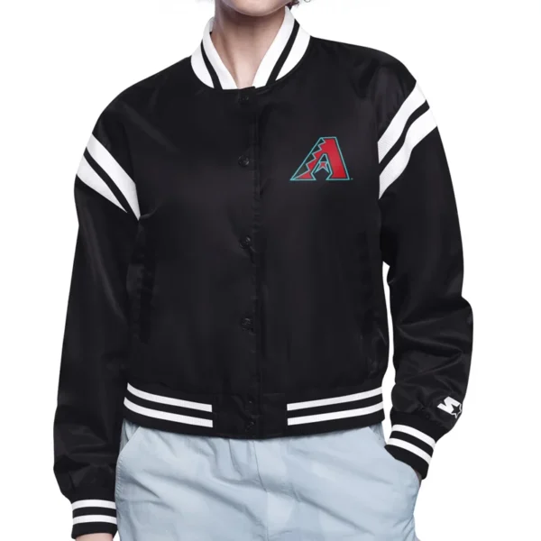 Arizona Diamondbacks Women’s Round Printed Logo Cropped Black Satin Varsity Jacket