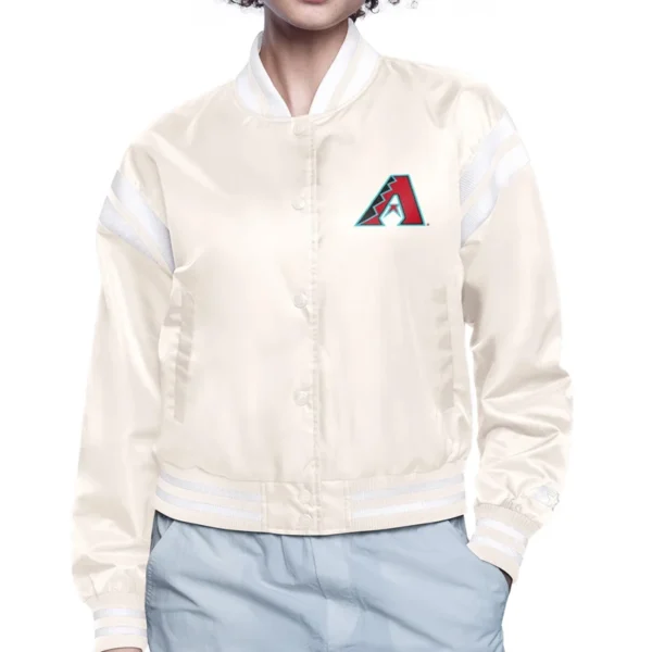 Arizona Diamondbacks Women’s Round Printed Logo Cropped Cream Satin Varsity Jacket