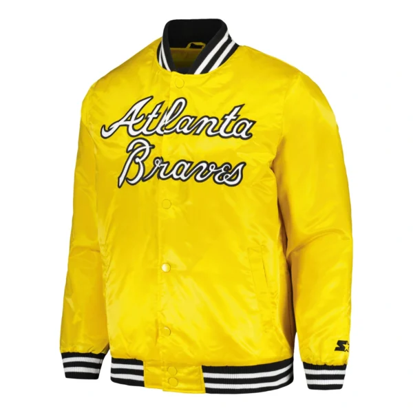 Atlanta Braves Cross Bronx Fashion Full-Snap Yellow Satin Varsity Jacket 1