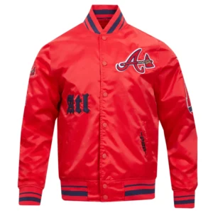 Atlanta Braves Old English Ribbed Knitted Red Satin Varsity Jacket