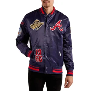 Atlanta Braves World Series Rib Knitted Satin Varsity Jacket – Navy
