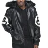 Authentic 8 Ball David Puddy Men's Black Bomber Faux Fur Hooded Genuine Leather Jacket