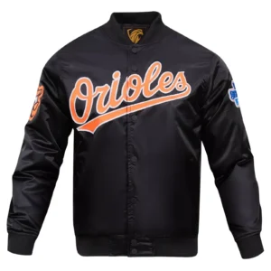 Baltimore Orioles Big Logo Black Satin Varsity Jacket