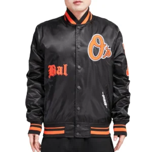 Baltimore Orioles Old English Full-Snap Black Satin Varsity Jacket
