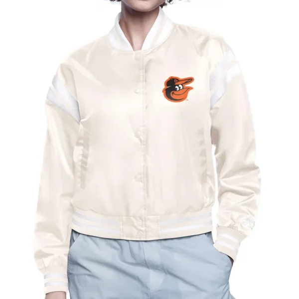 Baltimore Orioles Round Printed Logo Cropped Cream Varsity Jacket