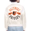 Baltimore Orioles Round Printed Team Logo Cropped Women’s Cream Satin Varsity Jacket