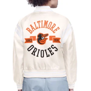 Baltimore Orioles Round Printed Team Logo Cropped Women’s Cream Satin Varsity Jacket