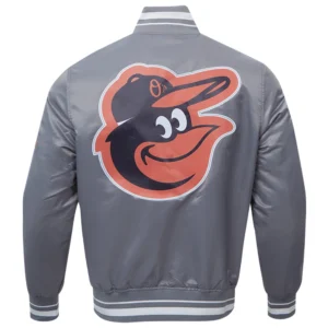 Baltimore Orioles Script Tail Rib Knitted Satin Varsity Jacket 1