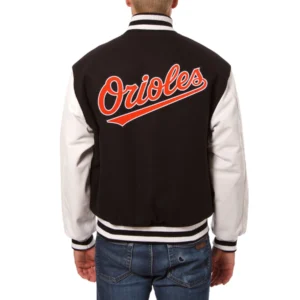 Baltimore Orioles Two Tone BlackWhite Wool & Leather Varsity Jacket 1