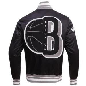Black Brooklyn Nets Mashup Satin Varsity Jacket 3