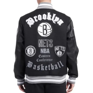 Black Brooklyn Nets Old English Rib Wool Varsity Jacket 3