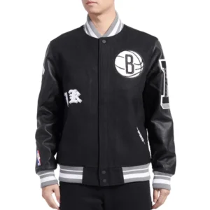 Black Brooklyn Nets Old English Rib Wool Varsity Jacket