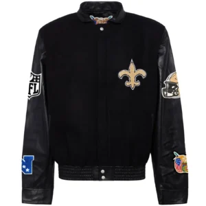 Black New Orleans Saints Jeff Hamilton Wool and Leather Jacket