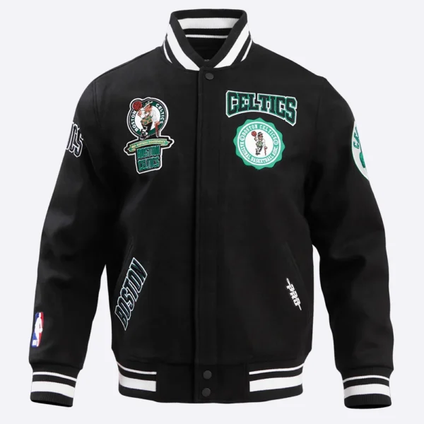 Boston Celtics Crest Emblem Black Wool and Leather Varsity Jacket