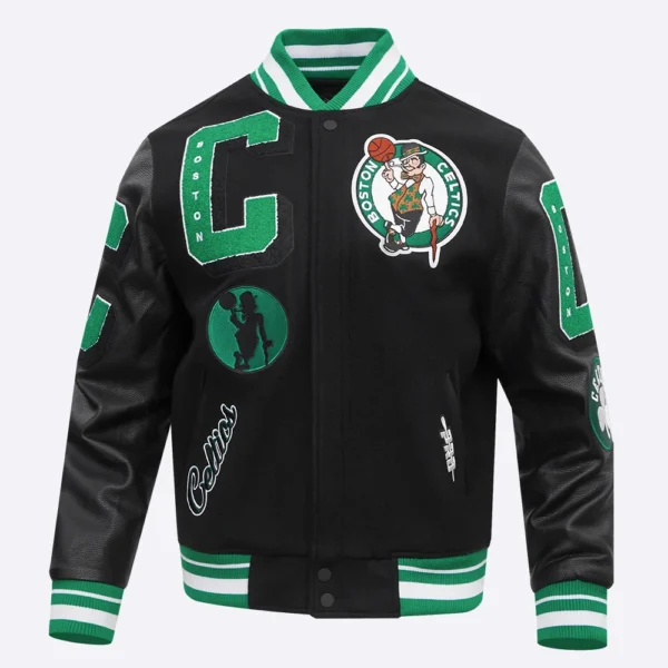 Boston Celtics Mashup Black Wool and Leather Varsity Jacket