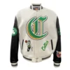 Boston Celtics Old English White Wool and Leather Varsity Jacket