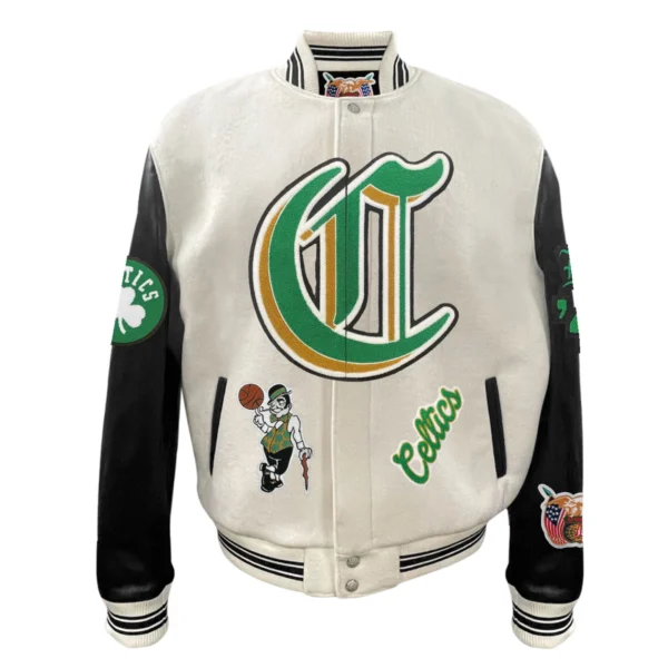 Boston Celtics Old English White Wool and Leather Varsity Jacket