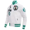 Boston Celtics Retro Classic Men’s Full-Snap Satin White Varsity Jacket 1