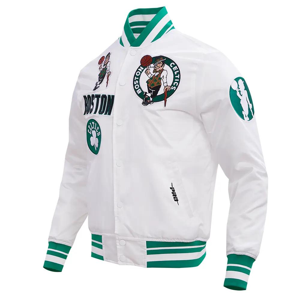 Boston Celtics Retro Classic Men’s Full-Snap Satin White Varsity Jacket 1