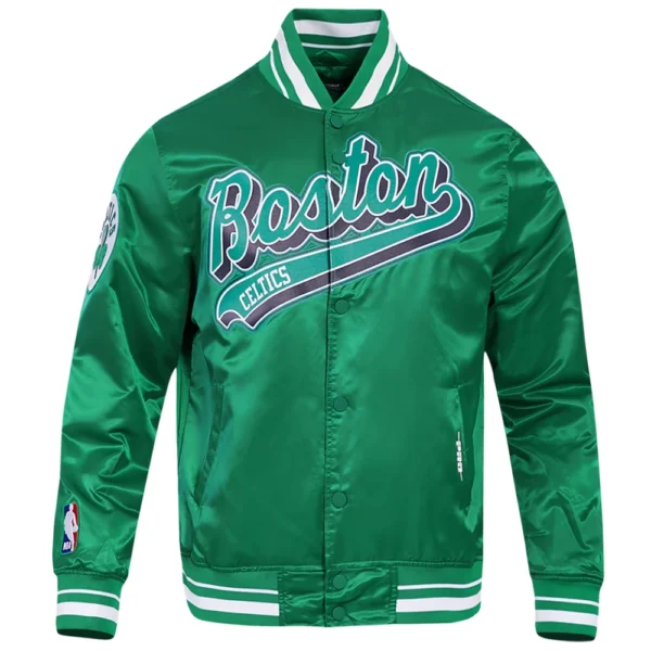 Boston Celtics Script Tail Green Satin Varsity Jacket