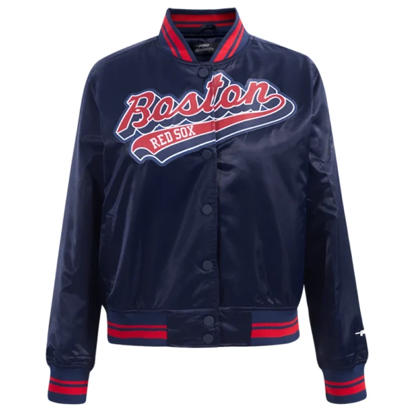 Boston Red Sox Script Tail Women’s Full-Snap Satin Varsity Navy Jacket