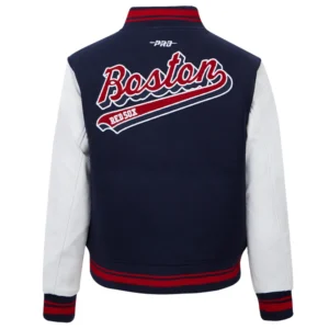 Boston Red Sox Script Tail Women’s Wool & Leather Varsity NavyWhite Jacket 1