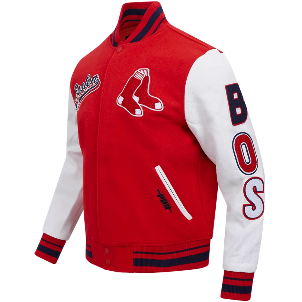 Boston Red Sox Script Tail Wool & Leather Varsity Jacket Red & White 2