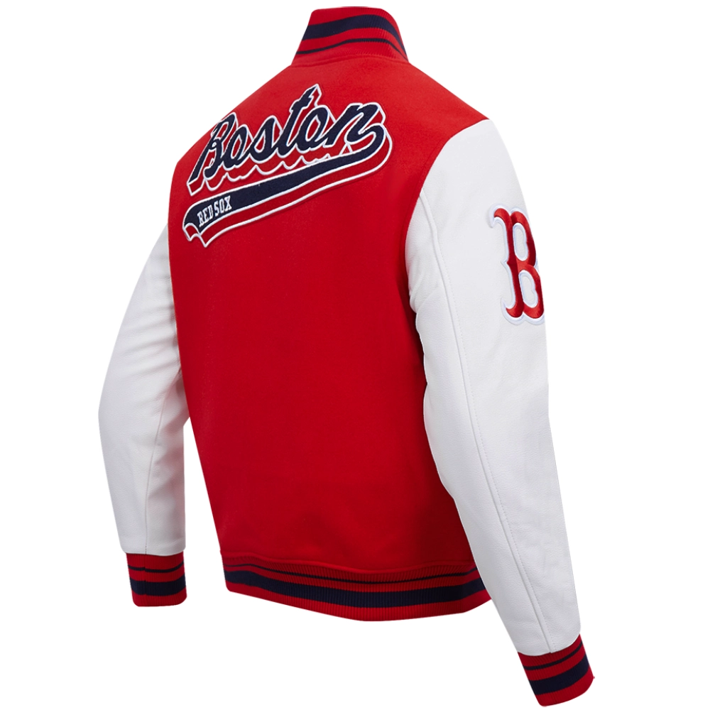 Boston Red Sox Script Tail Wool & Leather Varsity Jacket Red & White 3