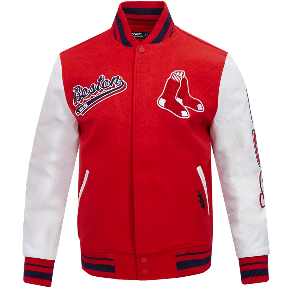 Boston Red Sox Script Tail Wool & Leather Varsity Jacket Red & White