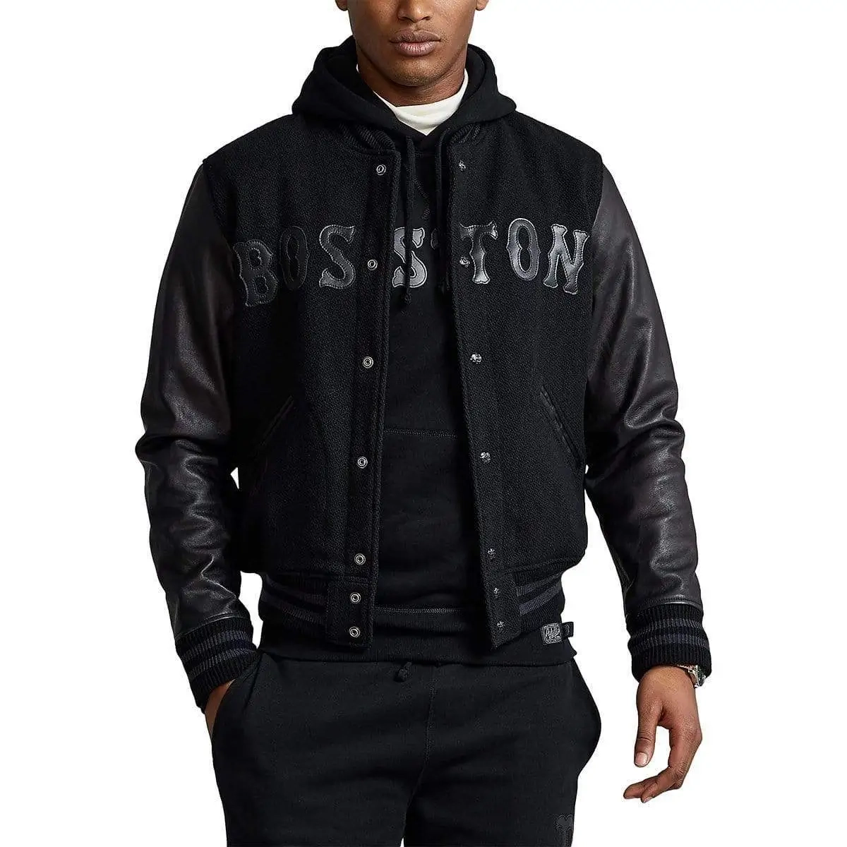 Boston Red Sox Women’s Full-Snap Triple Black Wool Blend & Leather Varsity Jacket 1